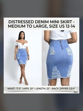 High Waisted Distressed Denim Mini Skirt Light Wash Size 12-14